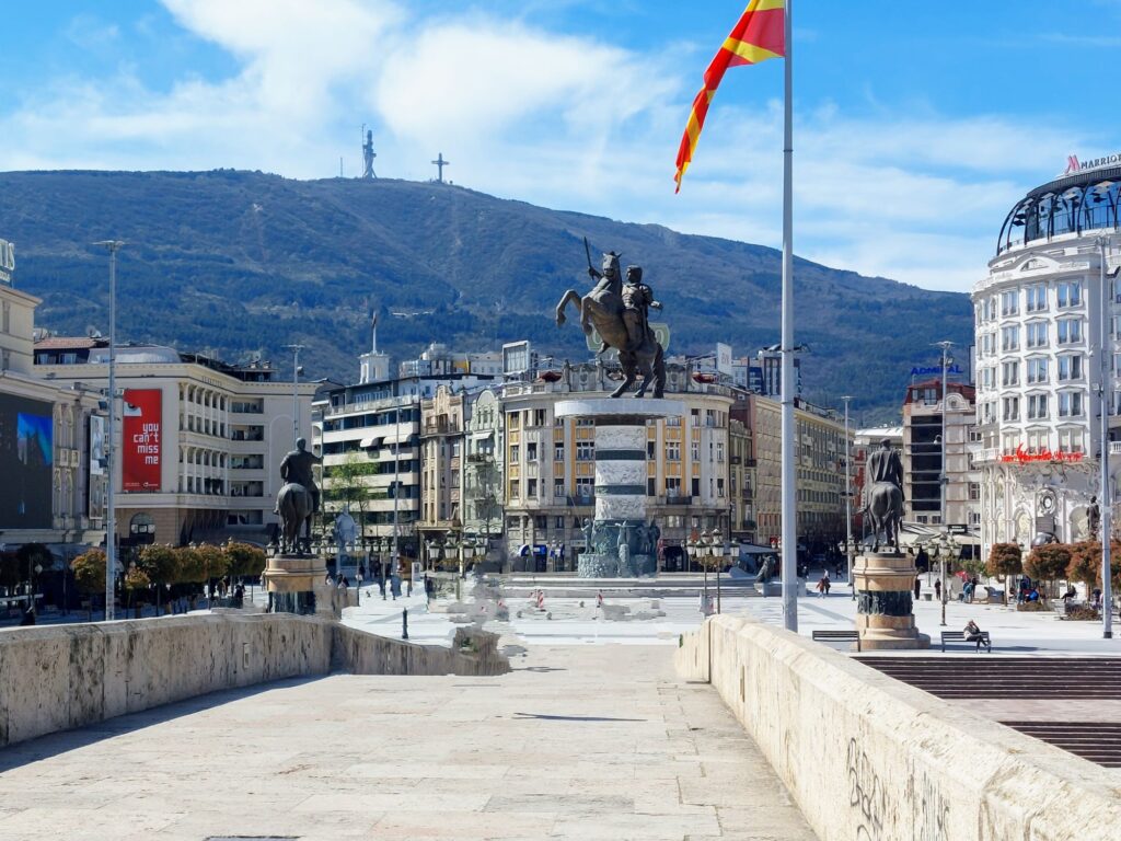 Macedonia Square with Statue of Alexander the Great and Vodno mountain in the background and the Millennium Cross