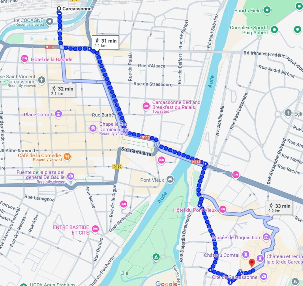 walking instructions from Carcassonne station to the Medieval City
