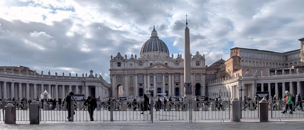 very wide angle view of St Peter's Square and Basilica Vatican Rome